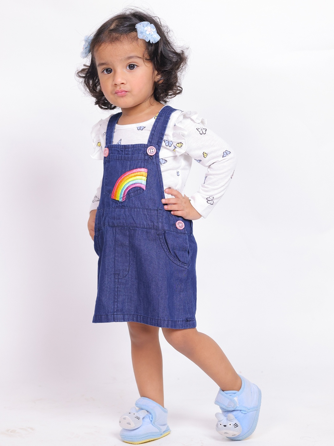 

Little Carrot Girls Graphic Printed Denim Dungaree With T Shirt, Blue