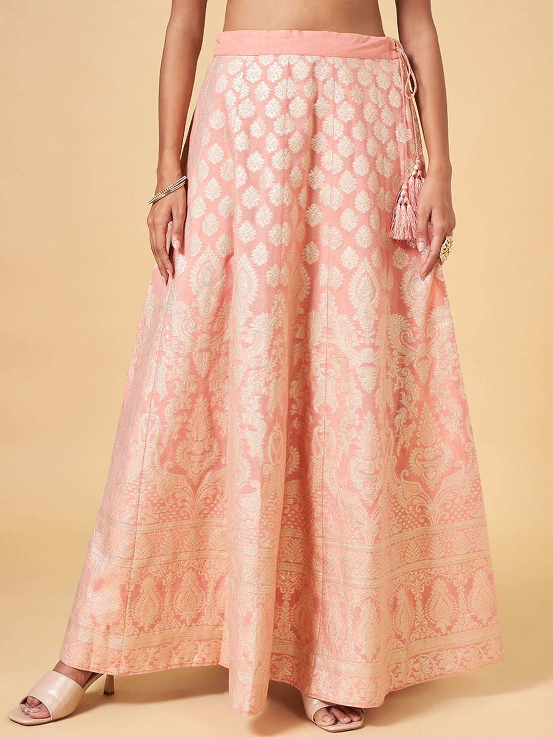 

RANGMANCH BY PANTALOONS Ethnic Motifs Woven Design Flared Maxi Skirt, Peach