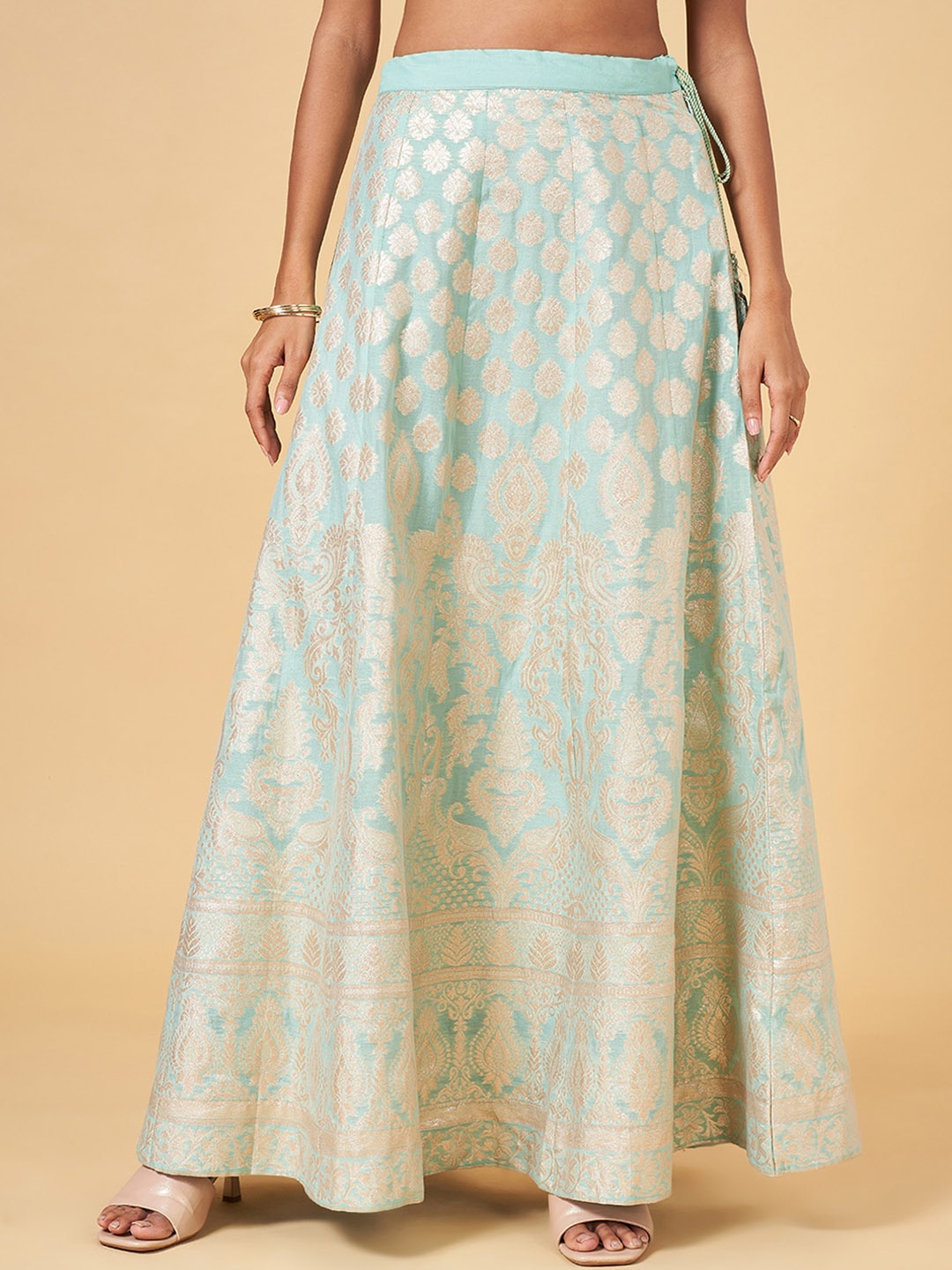 

RANGMANCH BY PANTALOONS Ethnic Motifs Woven Design Flared Maxi Skirt, Green