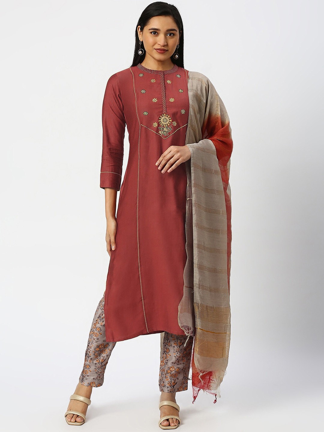 

DRESSLINE Ethnic Motifs Embroidered Mandarin Collar Kurta with Trousers & Dupatta, Rust