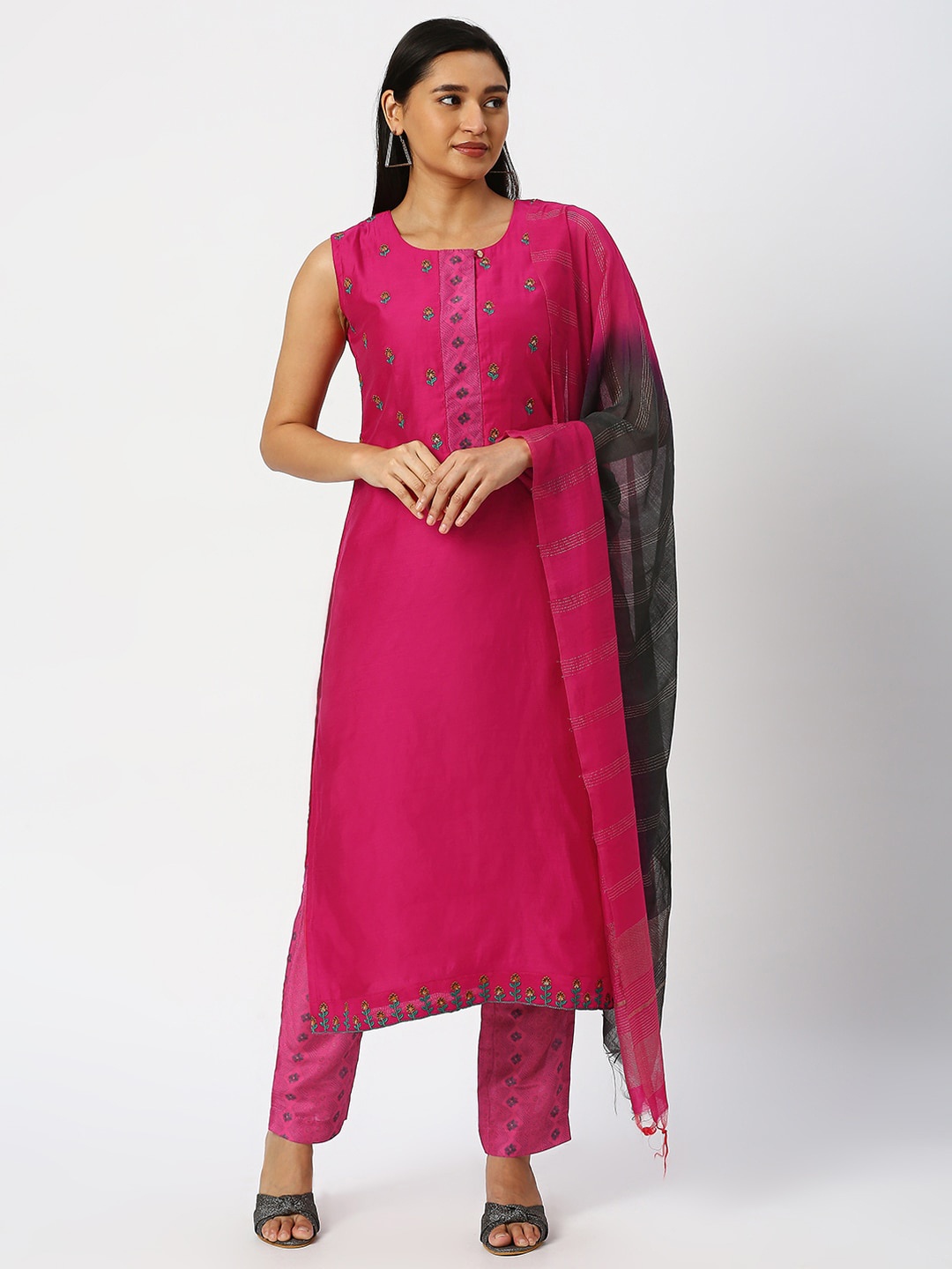

DRESSLINE Floral Embroidered Chanderi Silk Kurta with Trousers & Dupatta, Pink