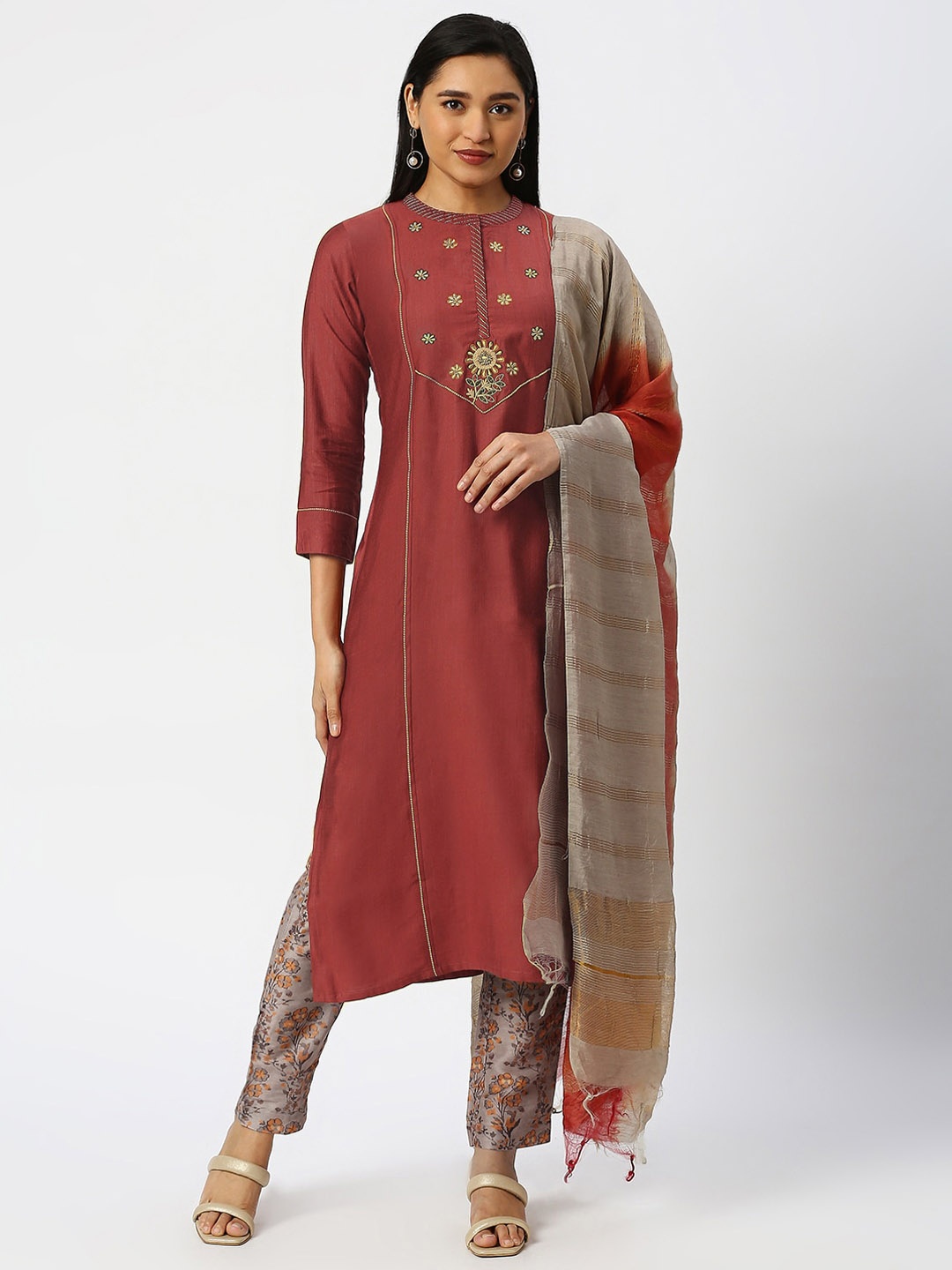 

DRESSLINE Floral Yoke Design Zari Kurta With Trousers & Dupatta, Rust