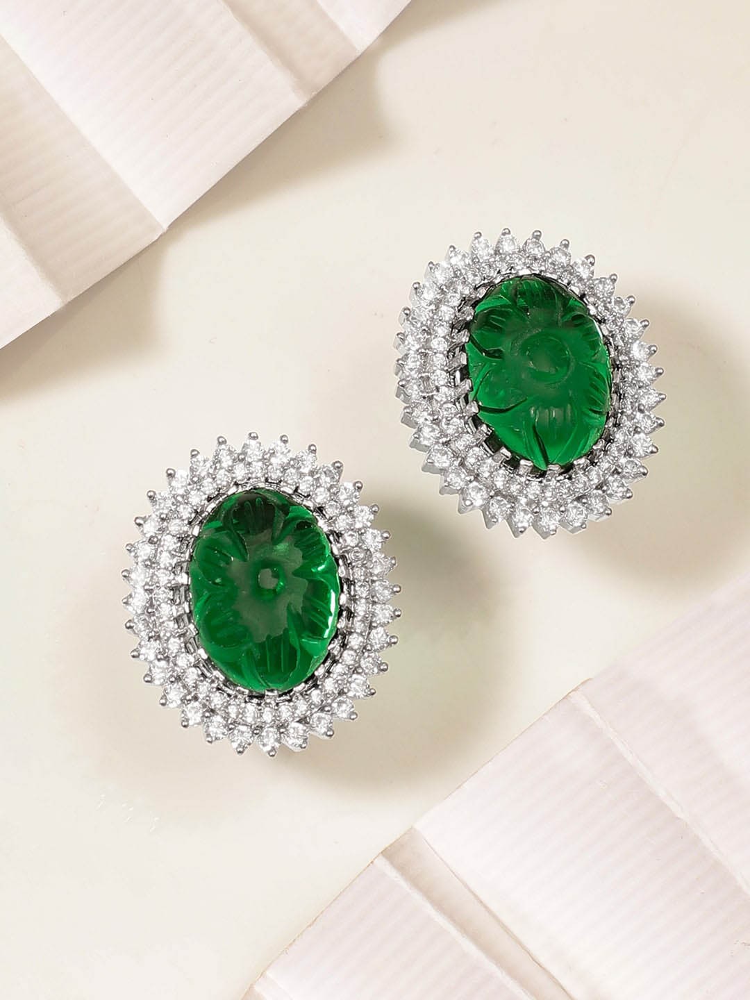 

Rubans Rhodium-Plated Oval Stud Earrings, Green