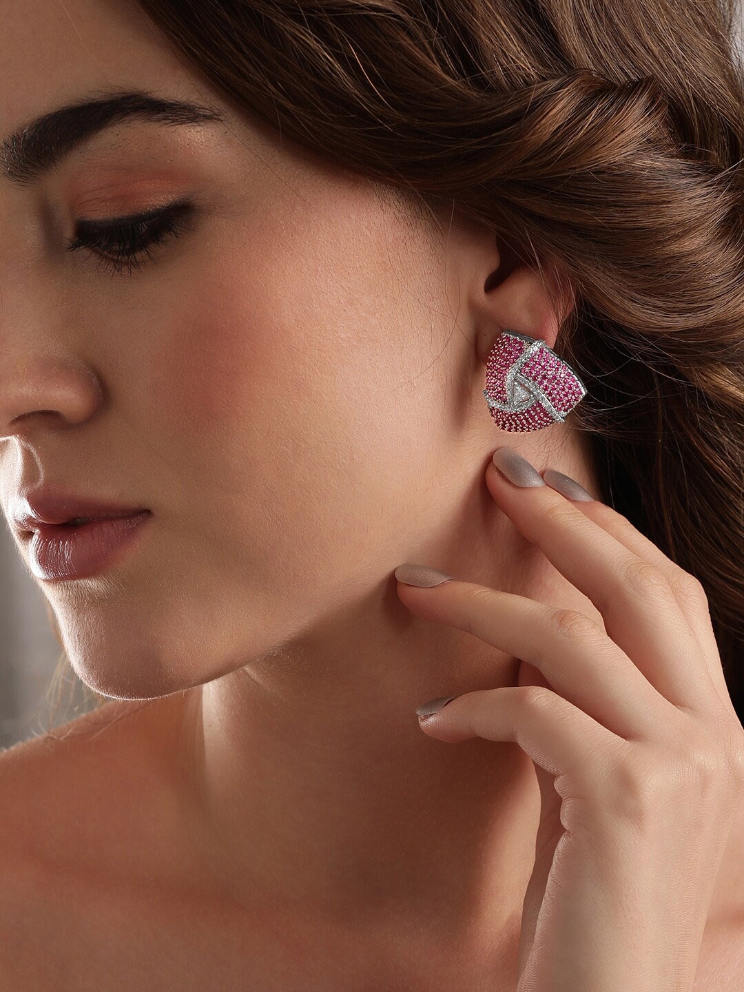 

Rubans Rhodium plated Ruby Pink Pave Zirconia Studded Premium Stud Earrings