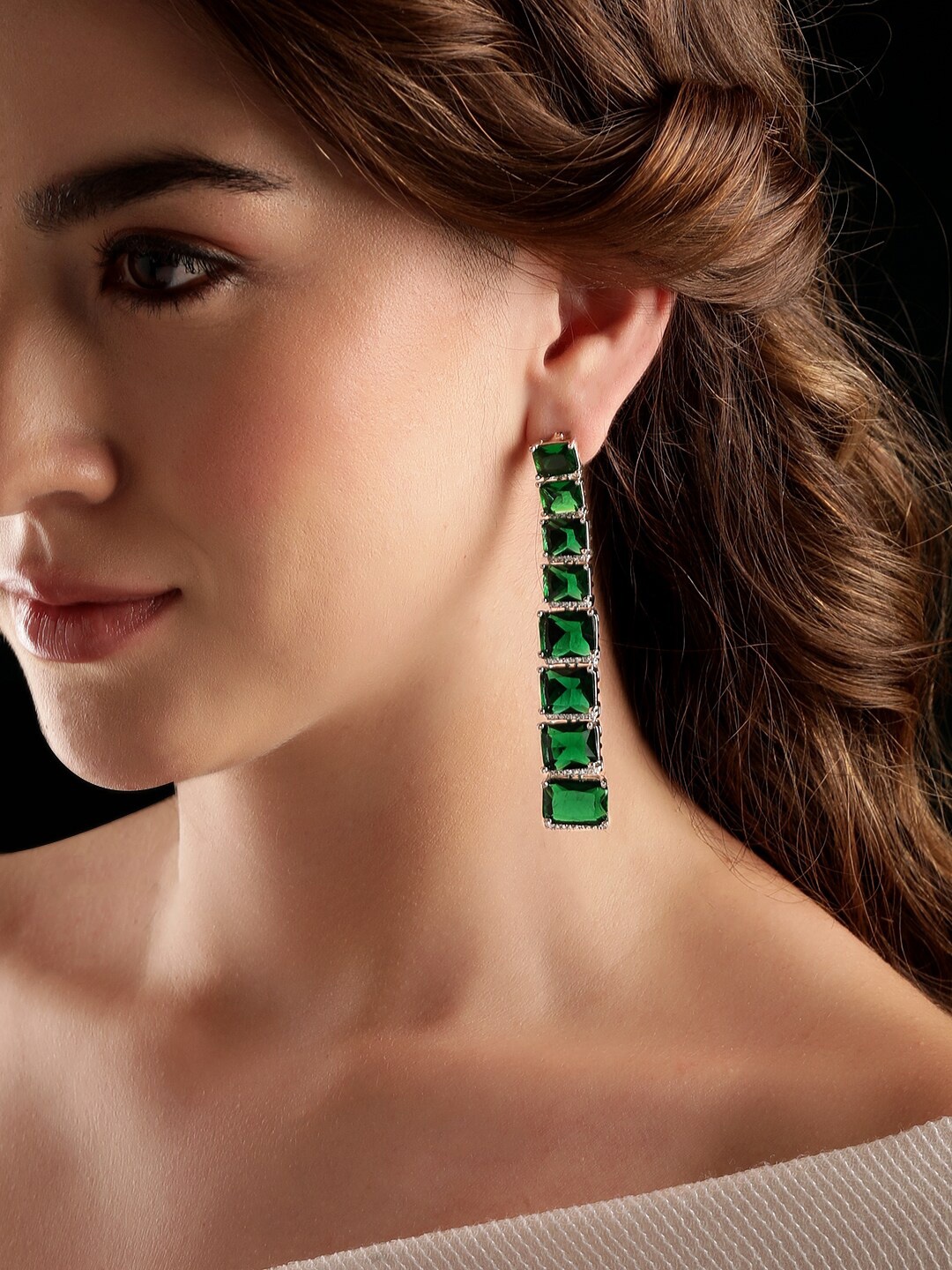 

Rubans Rhodium-Plated Contemporary Drop Earrings, Green