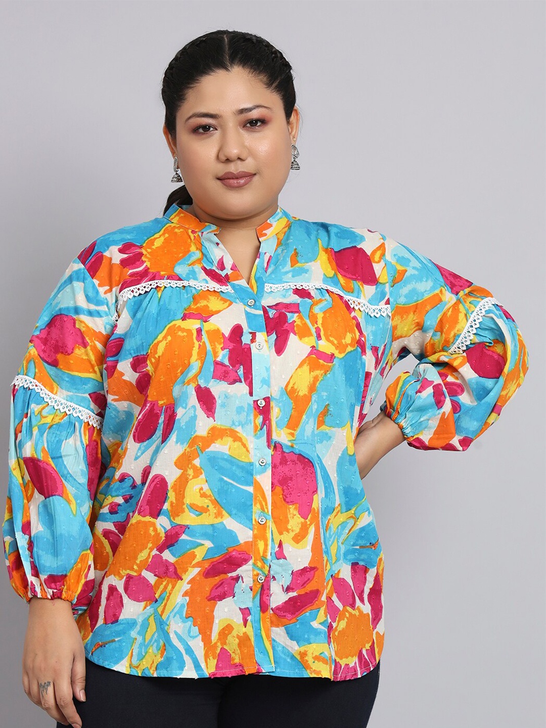 

KALINI Plus Size Printed Mandarin Collar Cotton Tunic, Blue