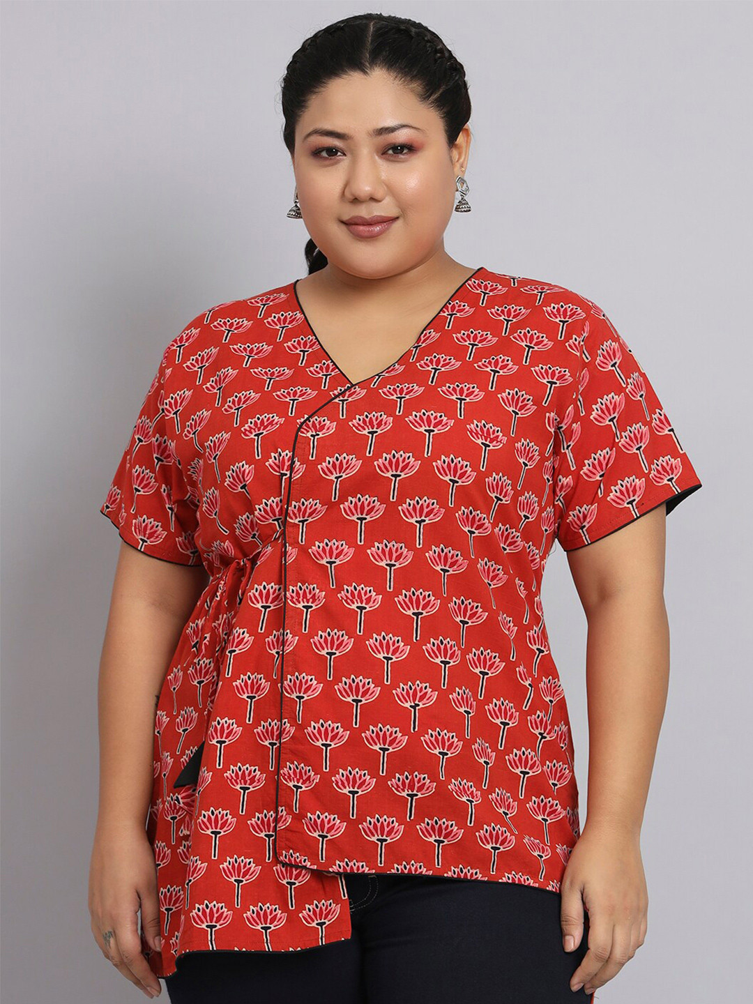 

KALINI Rust Plus Size Floral Printed Asymmetrical Cotton Tie-Up Top