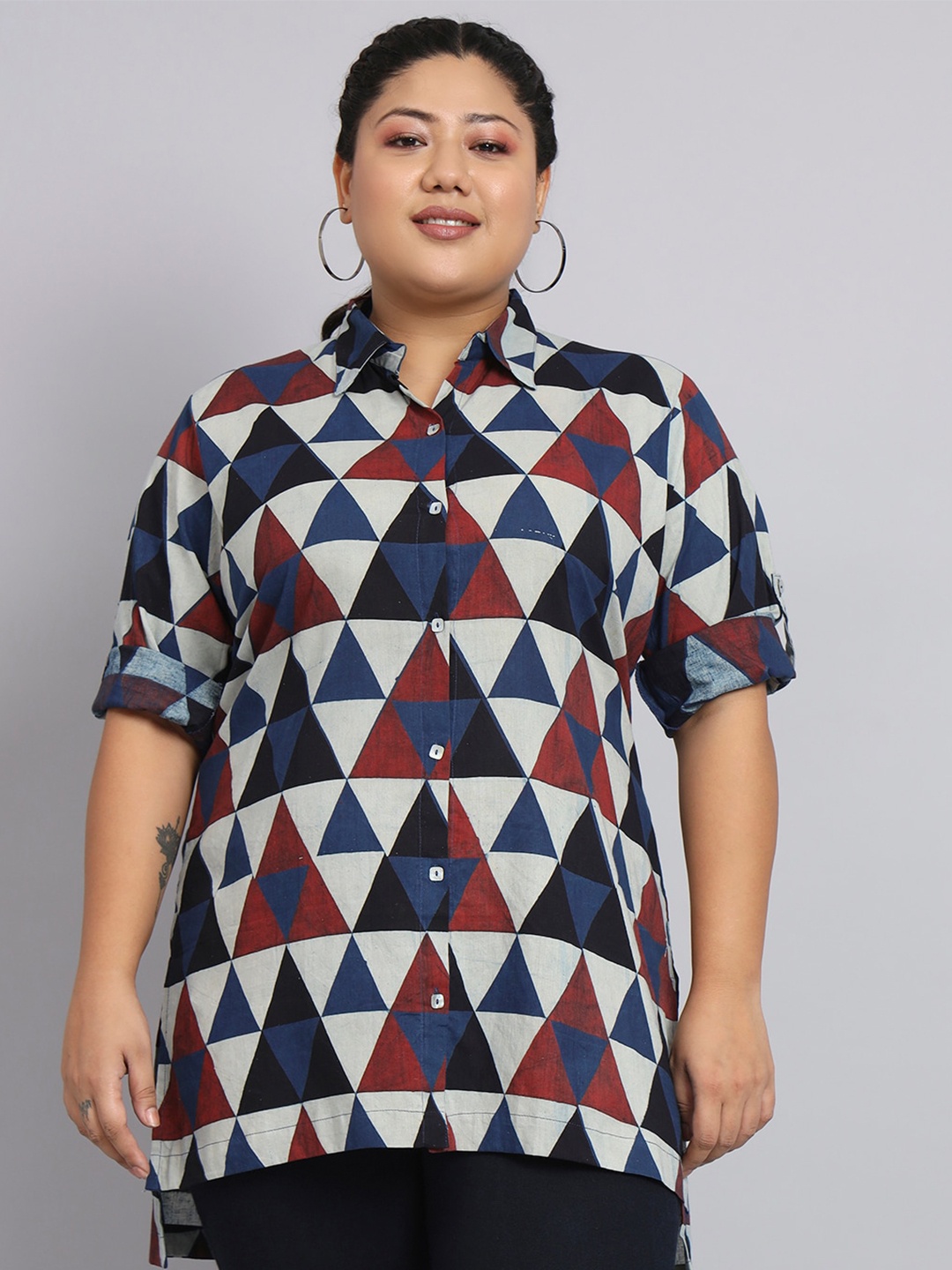 

KALINI Plus Size Classic Geometric Printed Casual Shirt, Blue