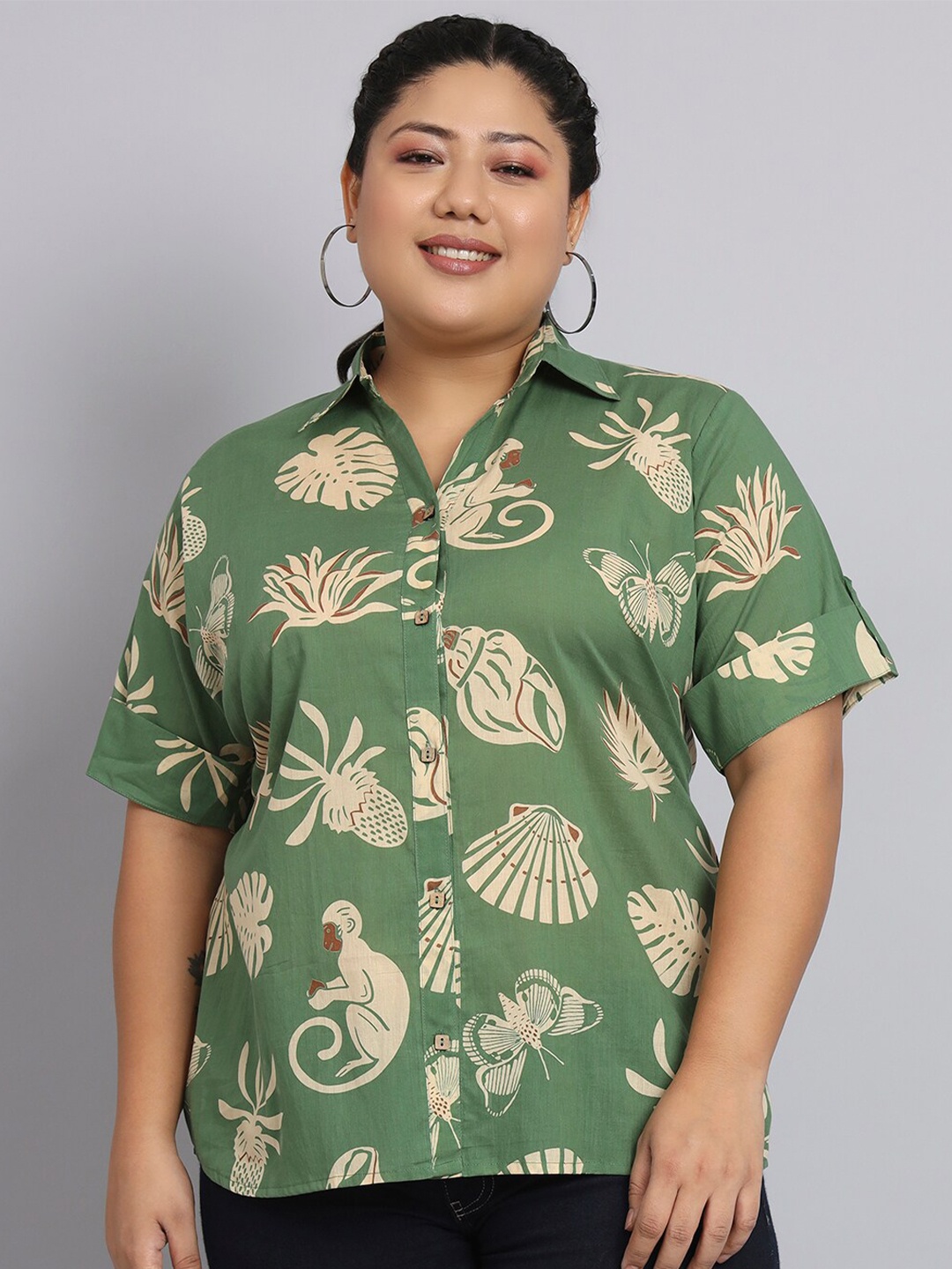 

KALINI Plus Size Classic Conversational Printed Cotton Casual Shirt, Green