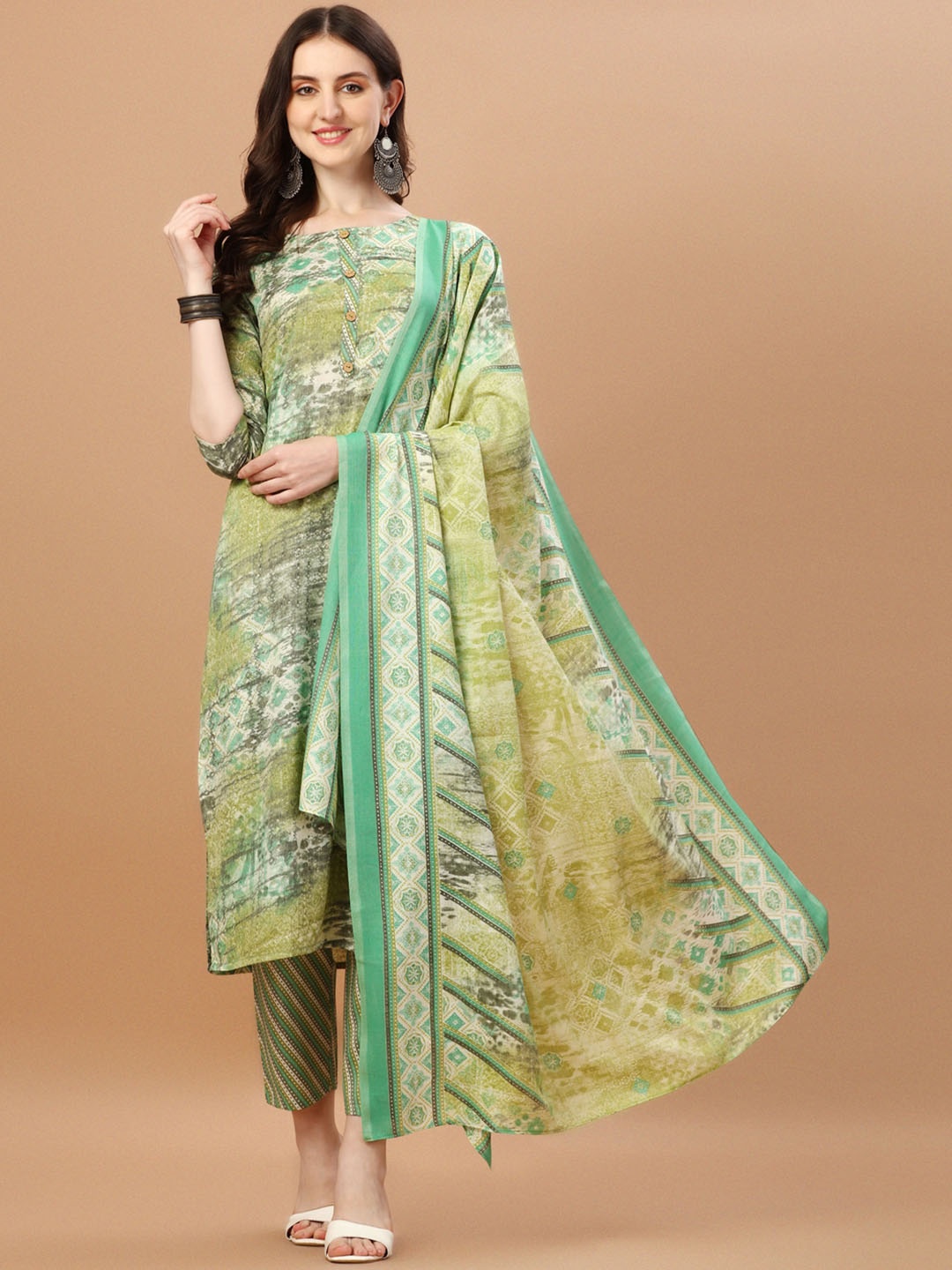 

KALINI Abstract Printed Regular Pure Cotton Kurta with Trousers & Dupatta, Green