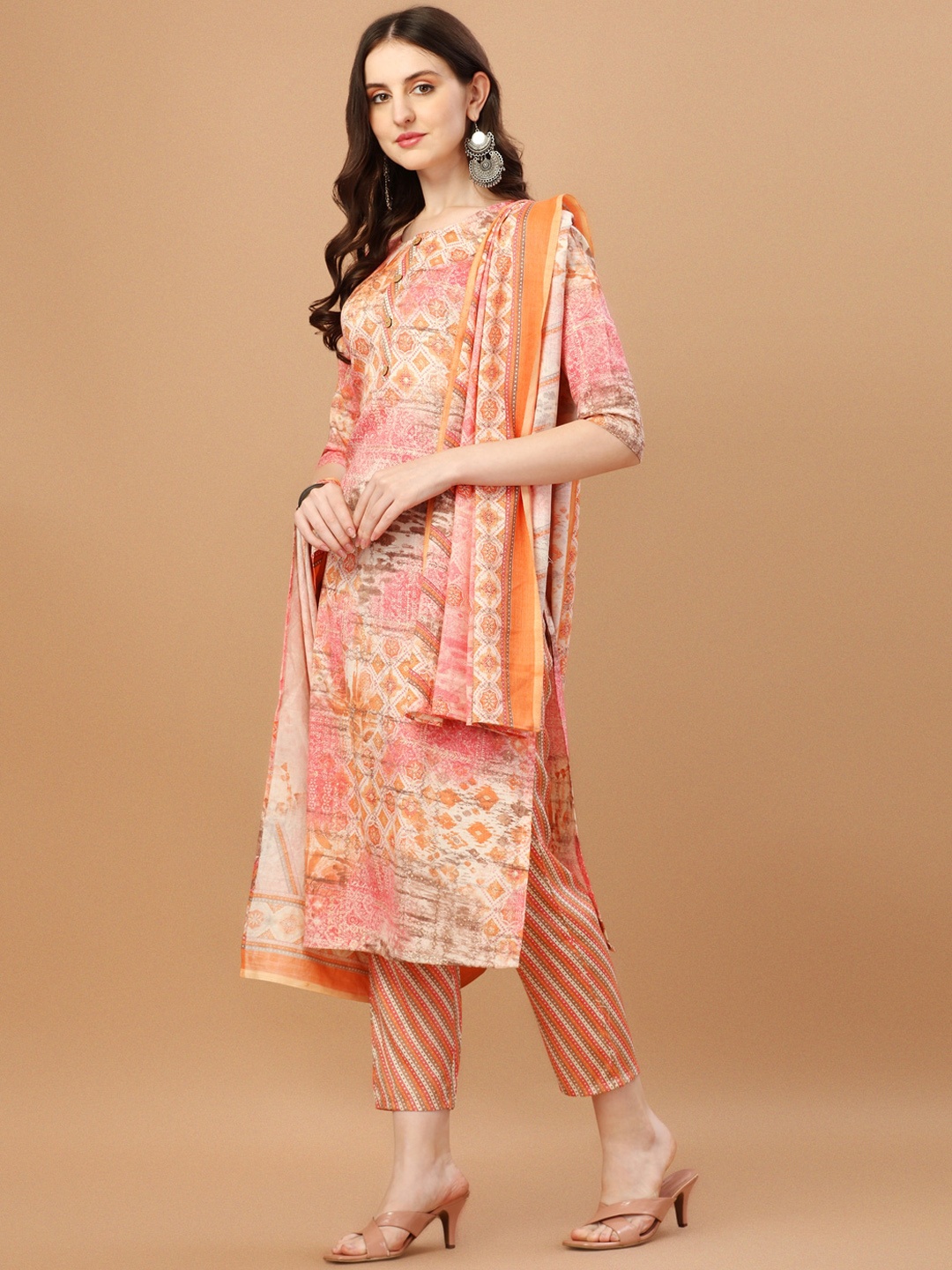 

KALINI Geometric Printed Regular Pure Cotton Kurta with Trousers & Dupatta, Orange