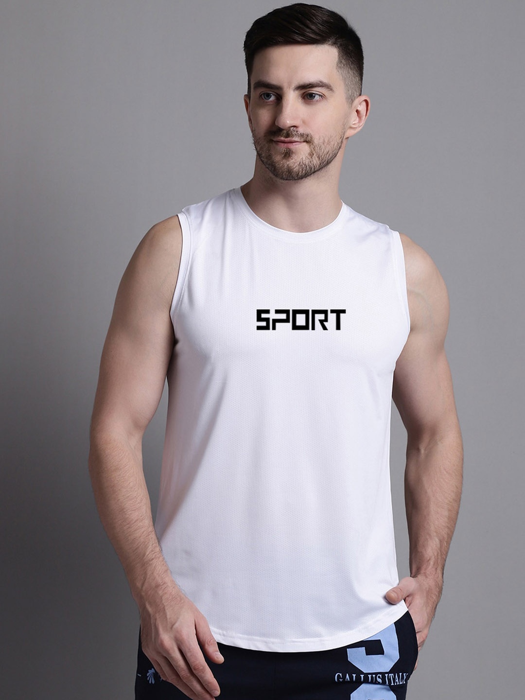 

Friskers Sleeveless Printed Gym Vest, White