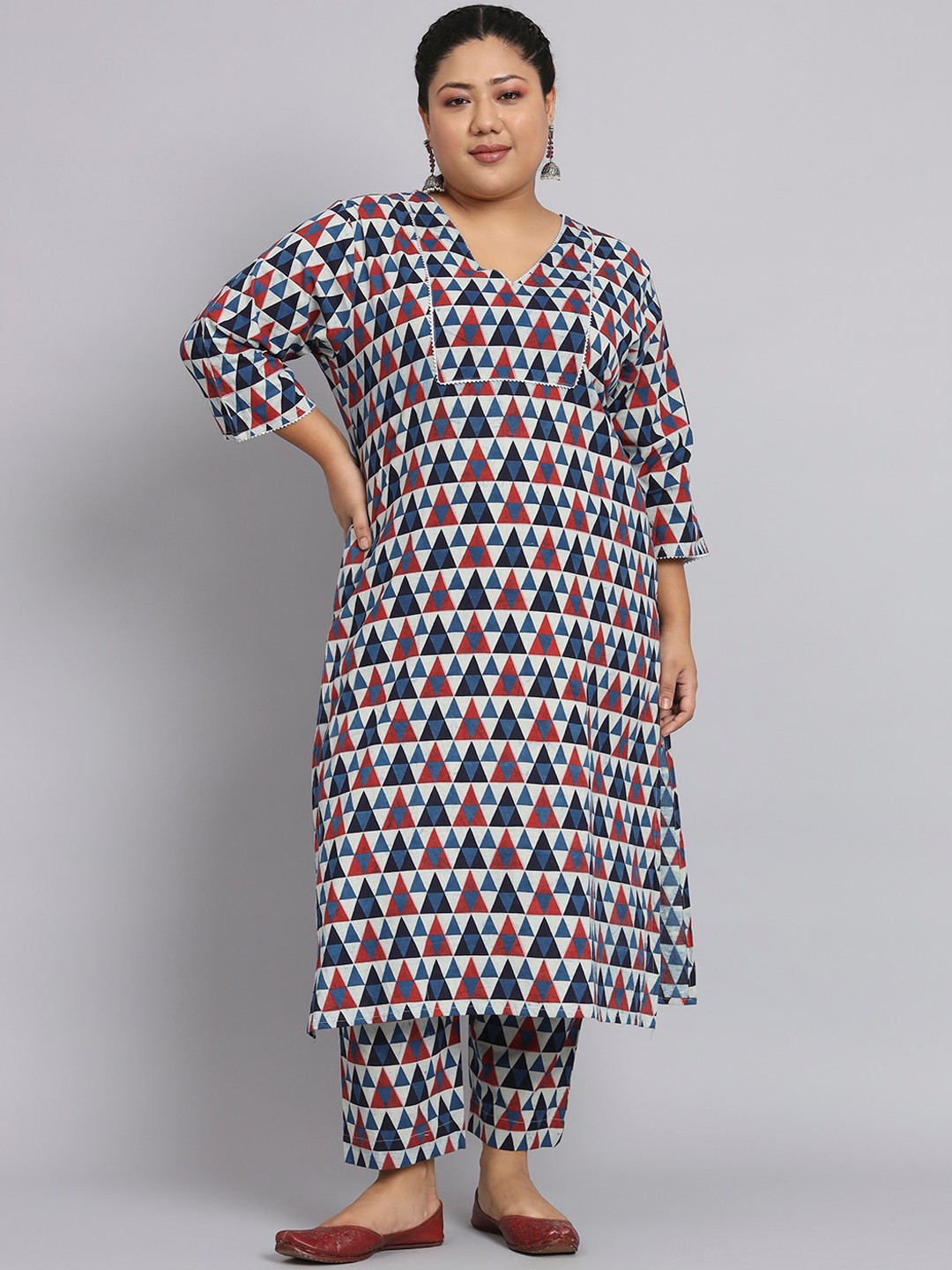 

KALINI Geometric Printed Regular Gotta Patti Pure Cotton Kurta with Trousers, Blue