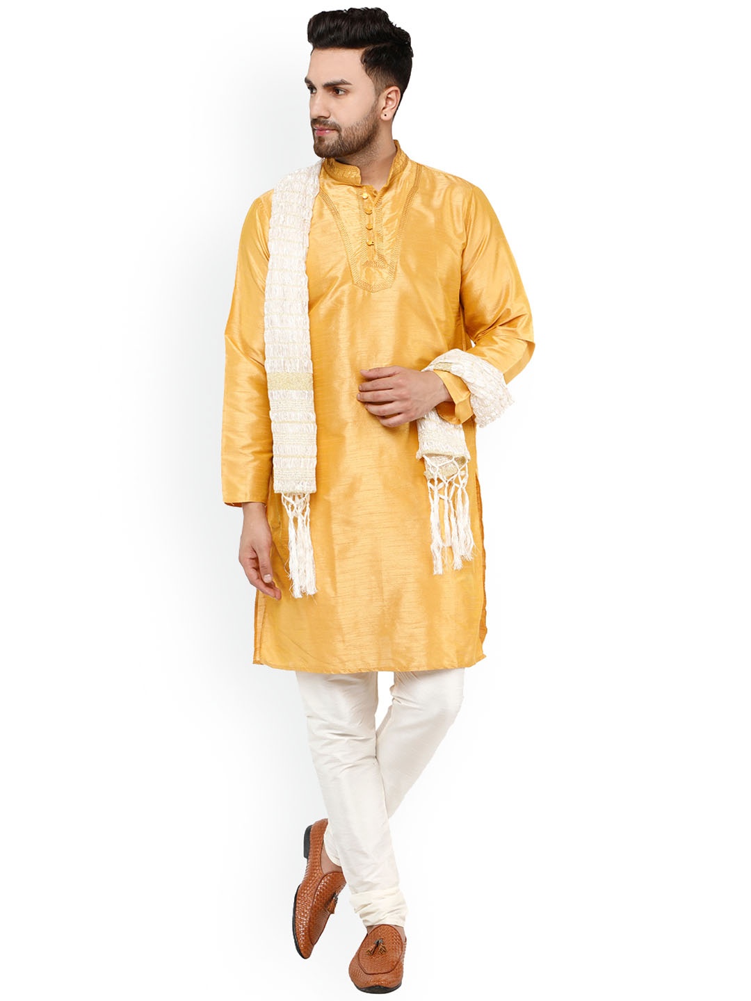 

Enciger Thread Work Dupion Silk Kurta with Churidar & With Dupatta, Gold