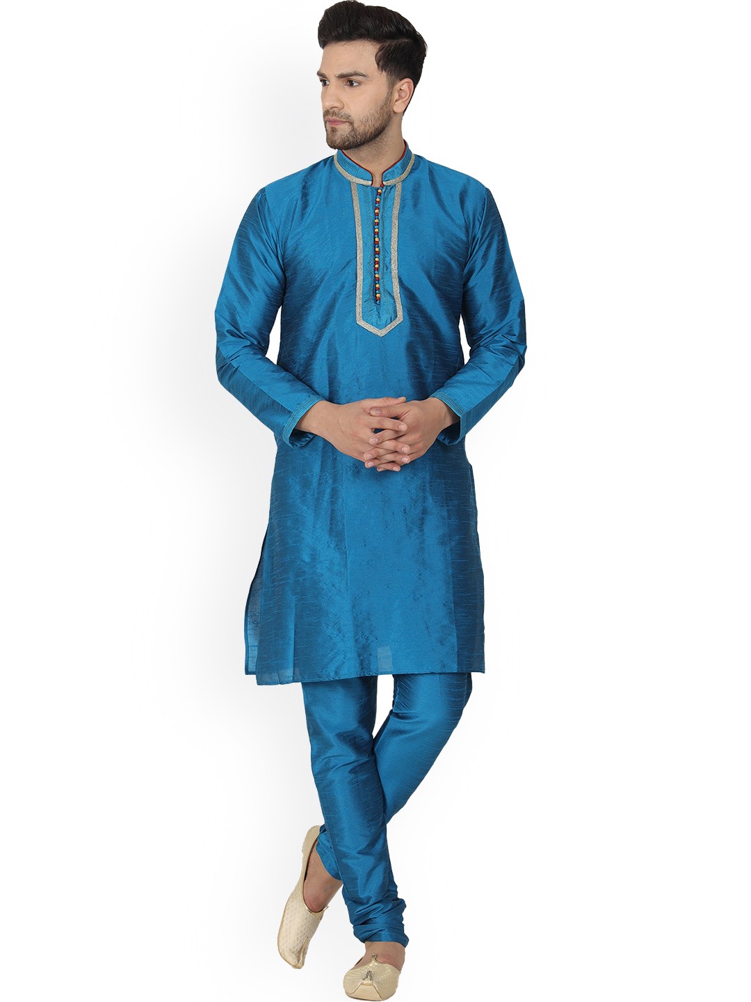 

Enciger Embroidered Mandarin Collar Zari Dupion Silk Kurta With Churidar & Dupatta, Turquoise blue