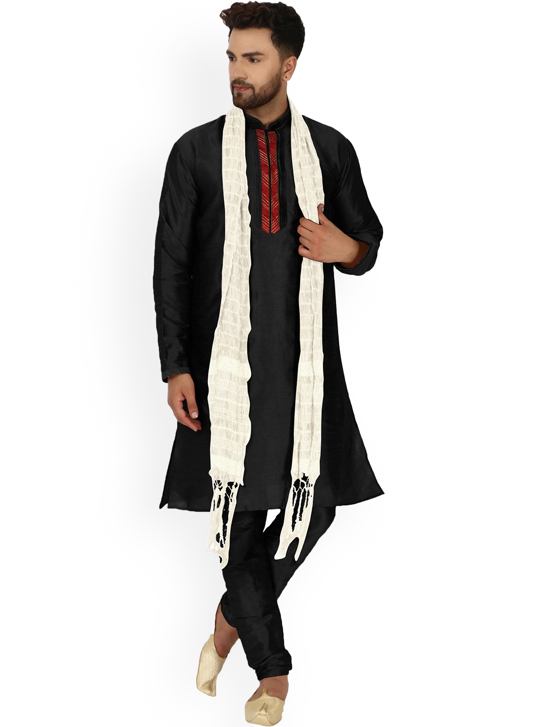 

Enciger Mandarin Collar Dupion Silk Kurta With Churidar & Dupatta, Black