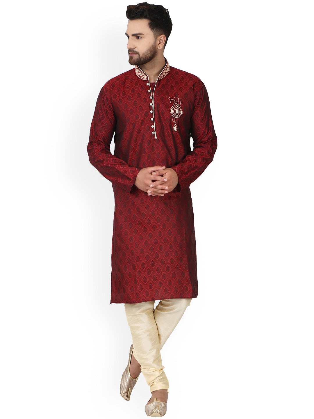 

Enciger Ethnic Motifs Woven Design Mandarin Collar Regular Dupion Silk Kurta with Churidar, Red