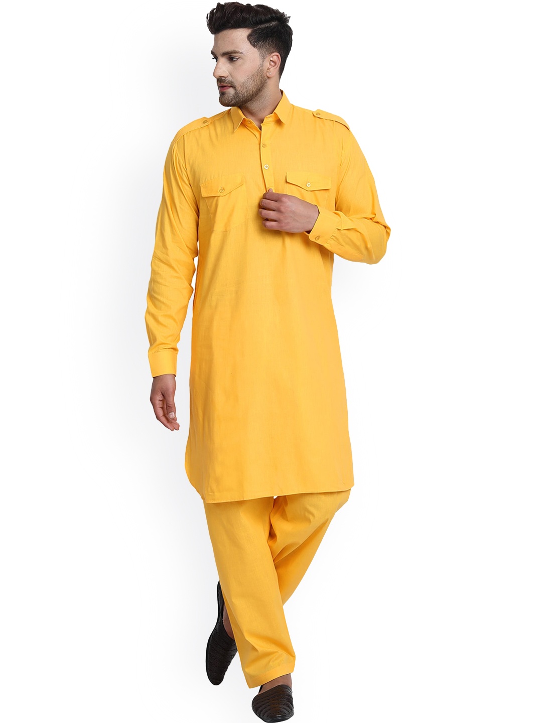 

Enciger Shirt Collar Pathani Regular Pure Cotton Kurta with Salwar, Yellow