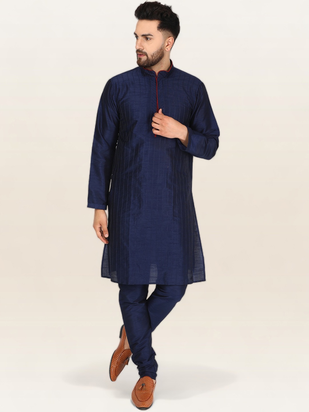 

Enciger Mandarin Collar Long Sleeve Dupion Silk Kurta with Churidar, Blue