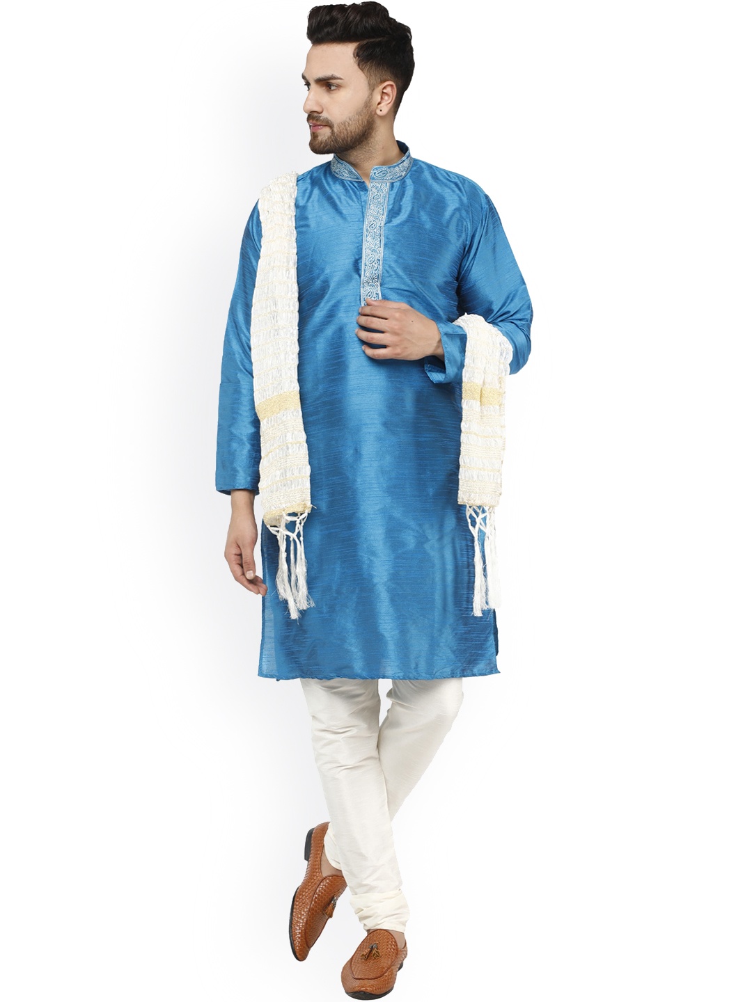 

Enciger Ethnic Motifs Embroidered Thread Work Dupion Silk Kurta With Churidar And Dupatta, Turquoise blue