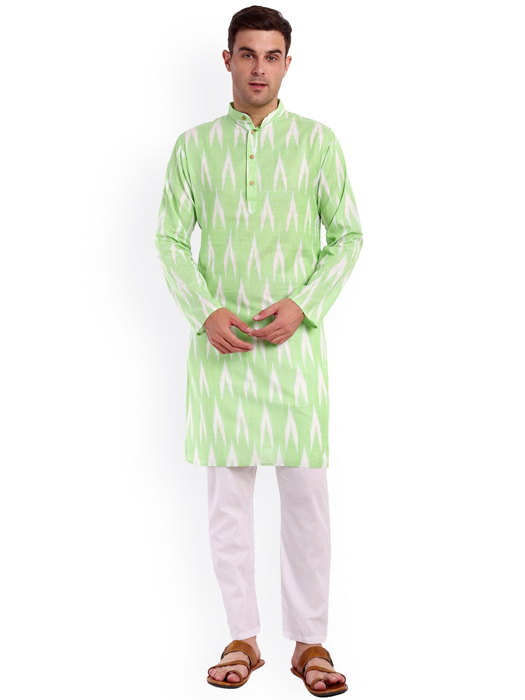 

Enciger Ikat Printed Pure Cotton Kurta with Pyjamas, Lime green