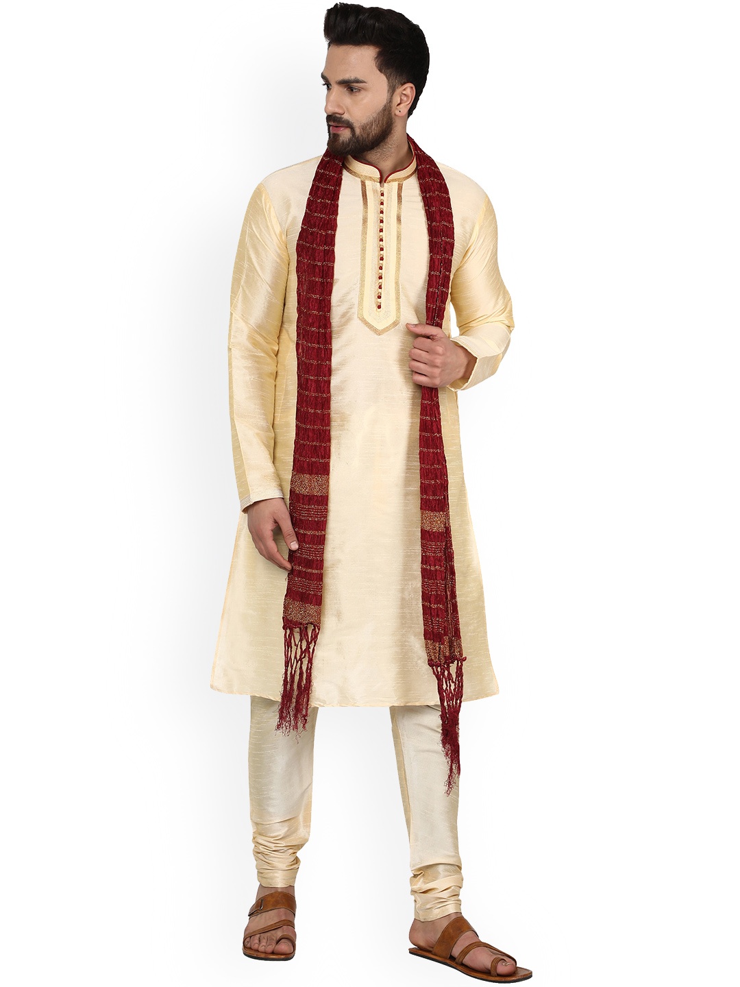 

Enciger Yoke Design Mandarin Collar Regular Gotta Patti Kurta With Churidar & Dupatta, Beige