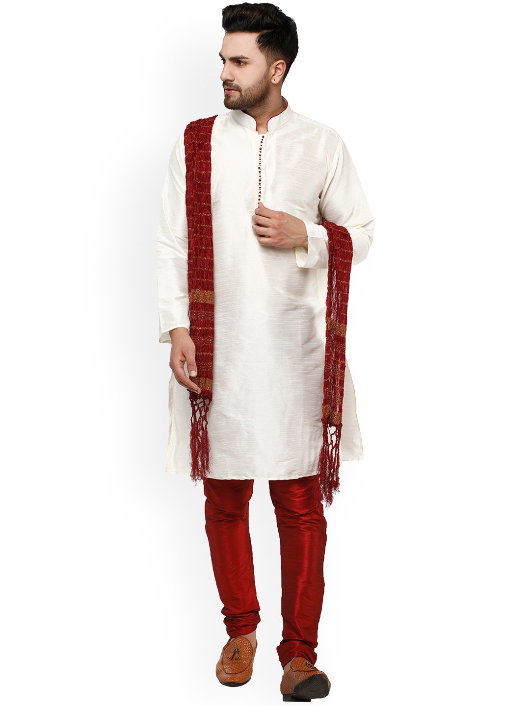 

Enciger Mandarin Collar Regular Kurta With Churidar & Dupatta, Off white
