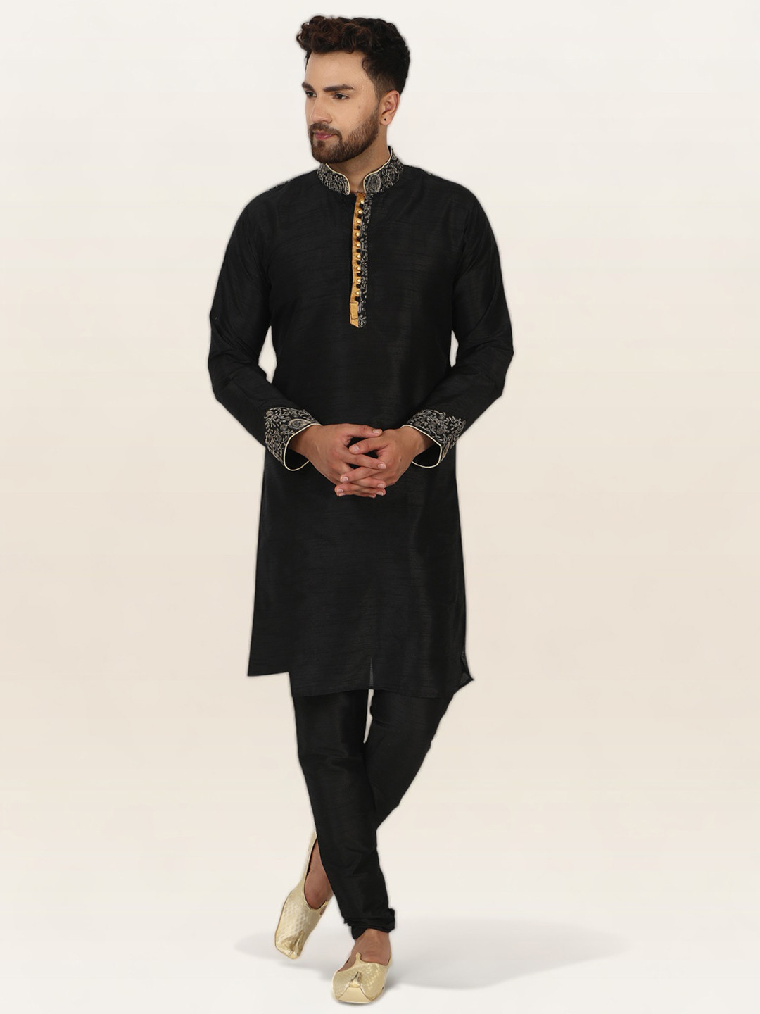 

Enciger Ethnic Motifs Yoke Design Mandarin Collar Regular Thread Work Kurta With Churidar, Black