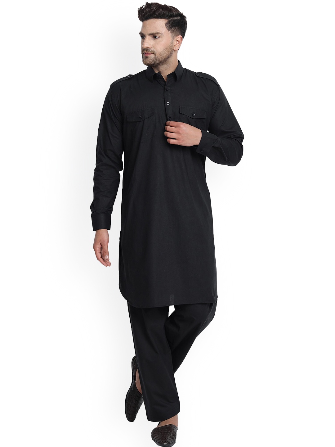 

Enciger Shirt Collar Pure Cotton Pathani Kurta With Trouser, Black