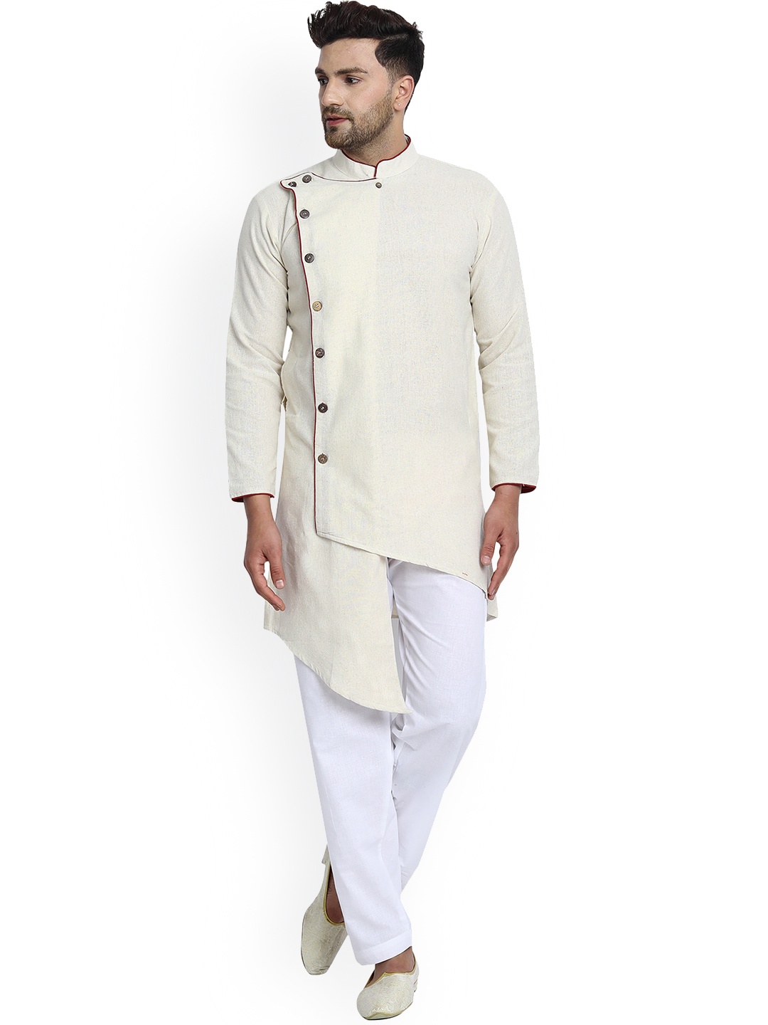 

Enciger Mandarin Collar Pure Cotton Straight Kurta With Salwar, Off white