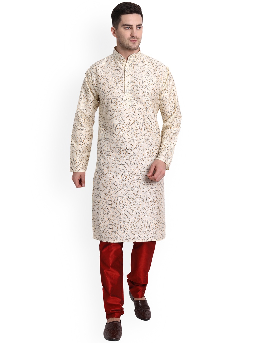 

Enciger Abstract Printed Band Collar Straight Kurta With Churidar, Beige