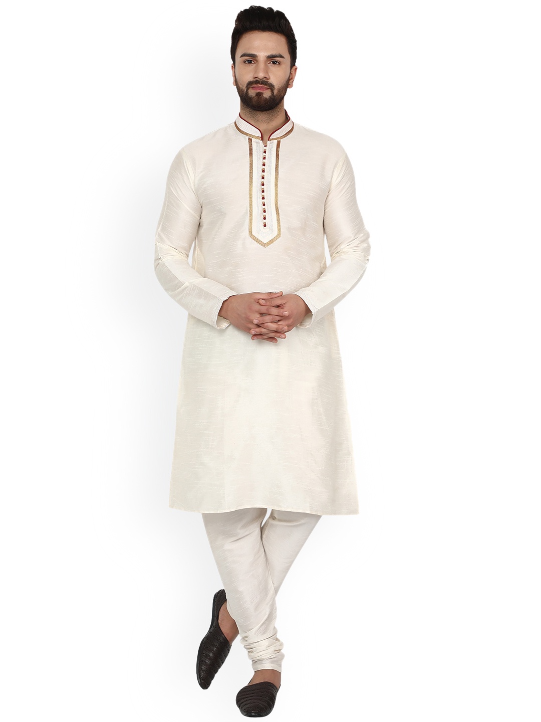 

Enciger Regular Thread Work Dupion Silk Kurta With Churidar, Off white