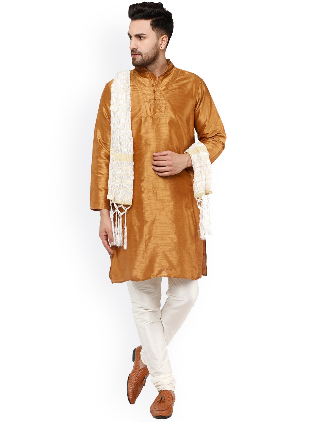 

Enciger Dupion Silk Kurta With Churidar & Dupatta, Brown