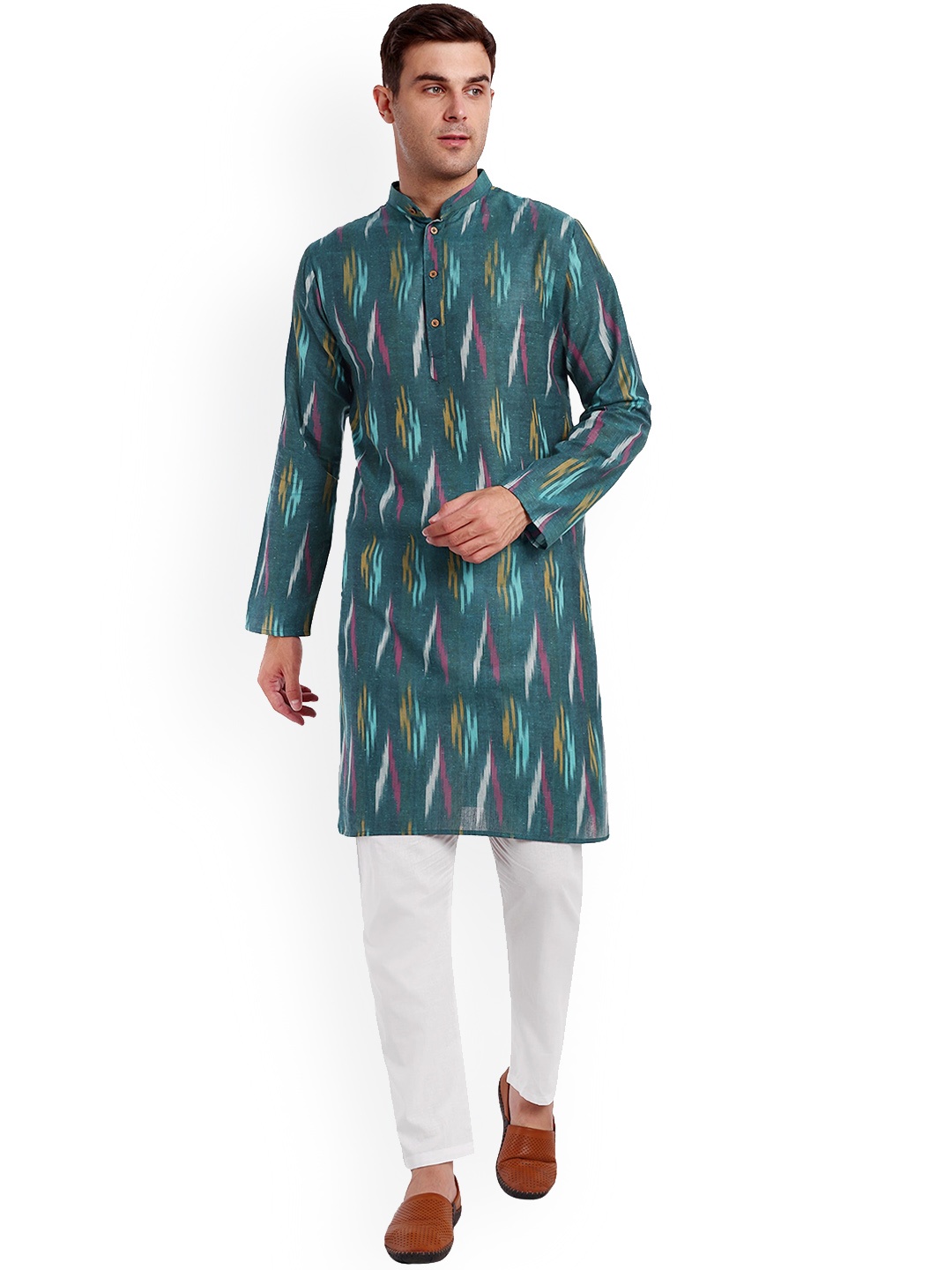 

Enciger Geometric Printed Band Collar Pure Cotton Straight Kurta with Trouser, Green