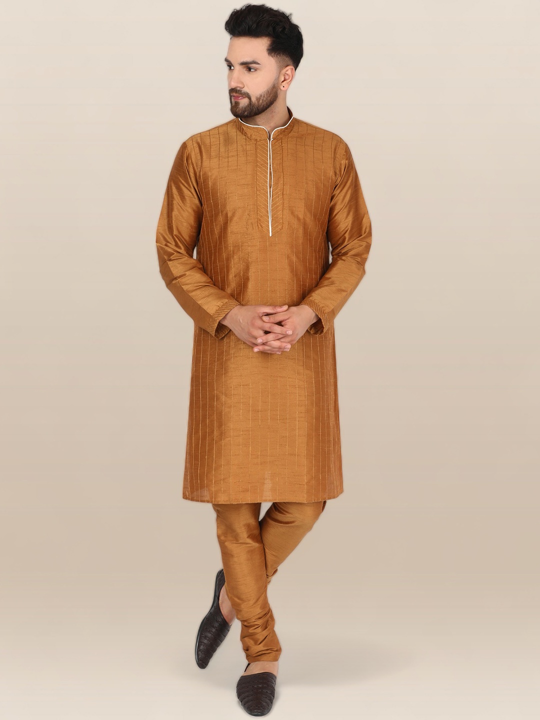 

Enciger Striped Mandarin Collar Thread Work Straight Kurta with Churidar, Brown