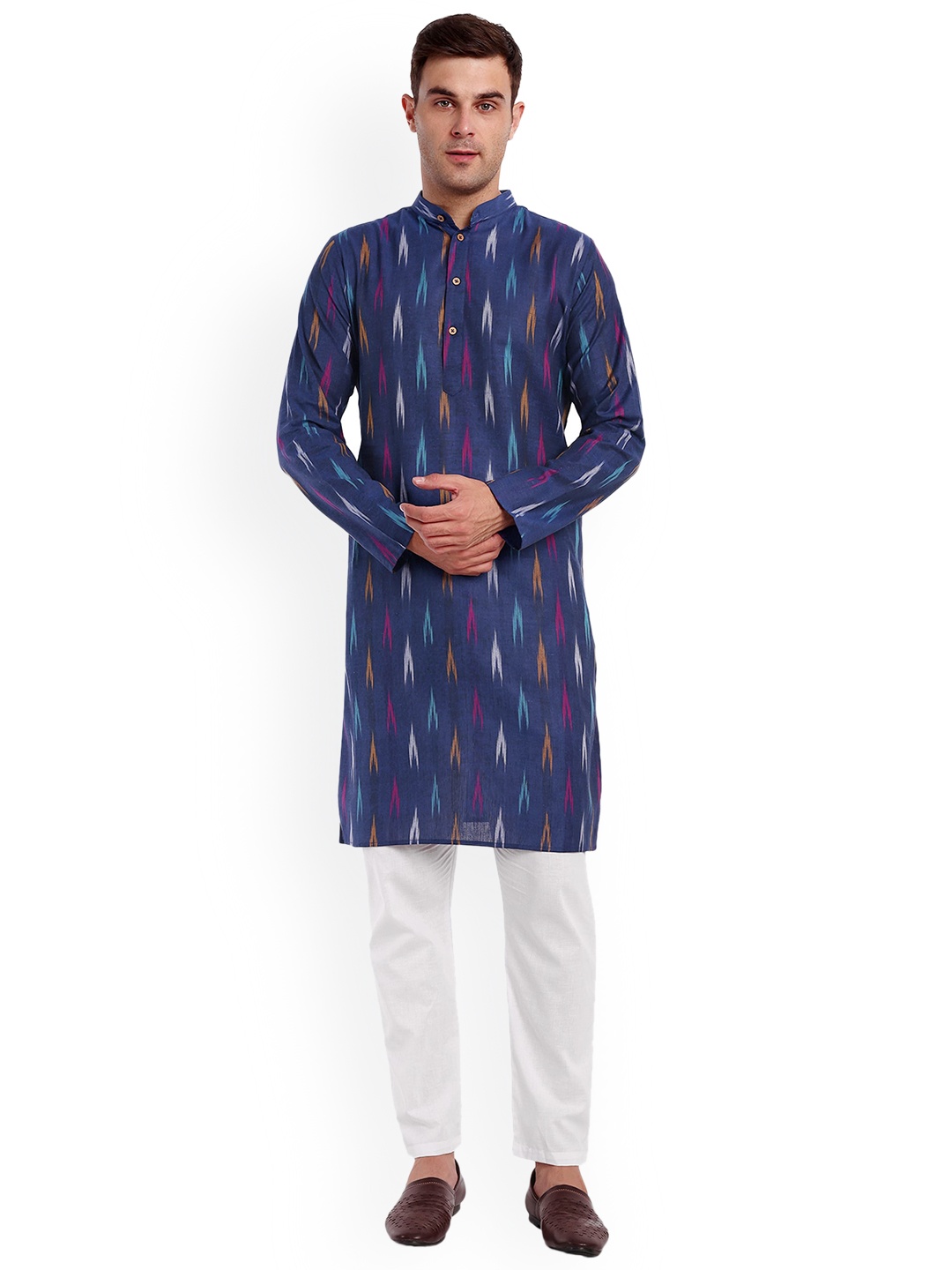 

Enciger Geometric Printed Band Collar Pure Cotton Straight Kurta with Trouser, Blue
