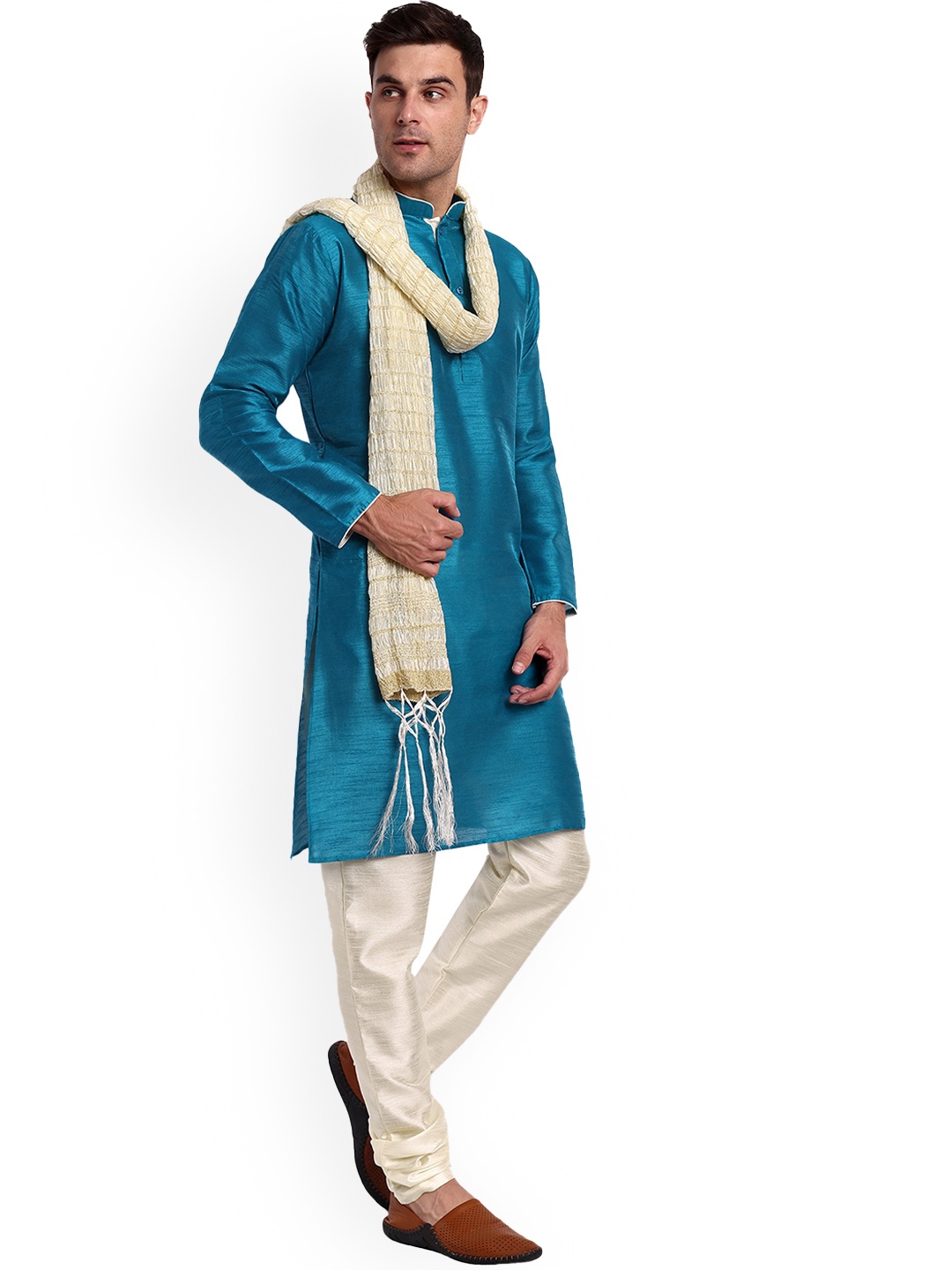 

Enciger Mandarin Collar Regular Kurta with Churidar & With Dupatta, Turquoise blue