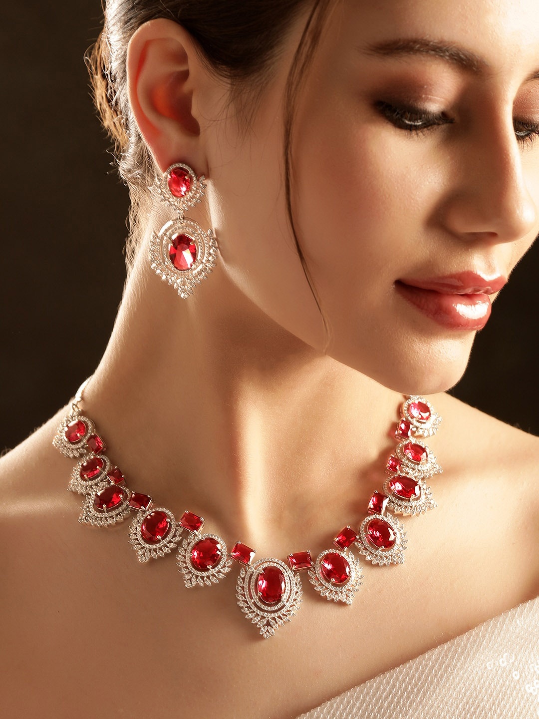 

Rubans Rhodium-Plated CZ-Studded Necklace & Earrings, Silver
