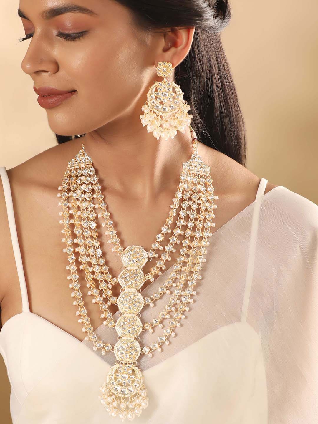 

Rubans Gold-Plated Kundan-Studded & Pearl Beaded Necklace & Earrings