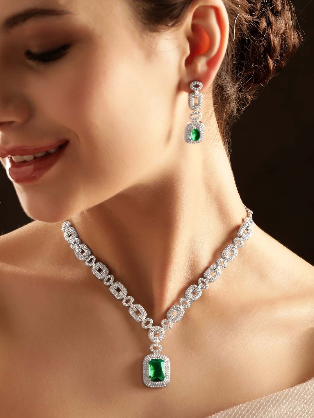 

Rubans Rhodium-Plated Stone-Studded Necklace & Earrings, Silver