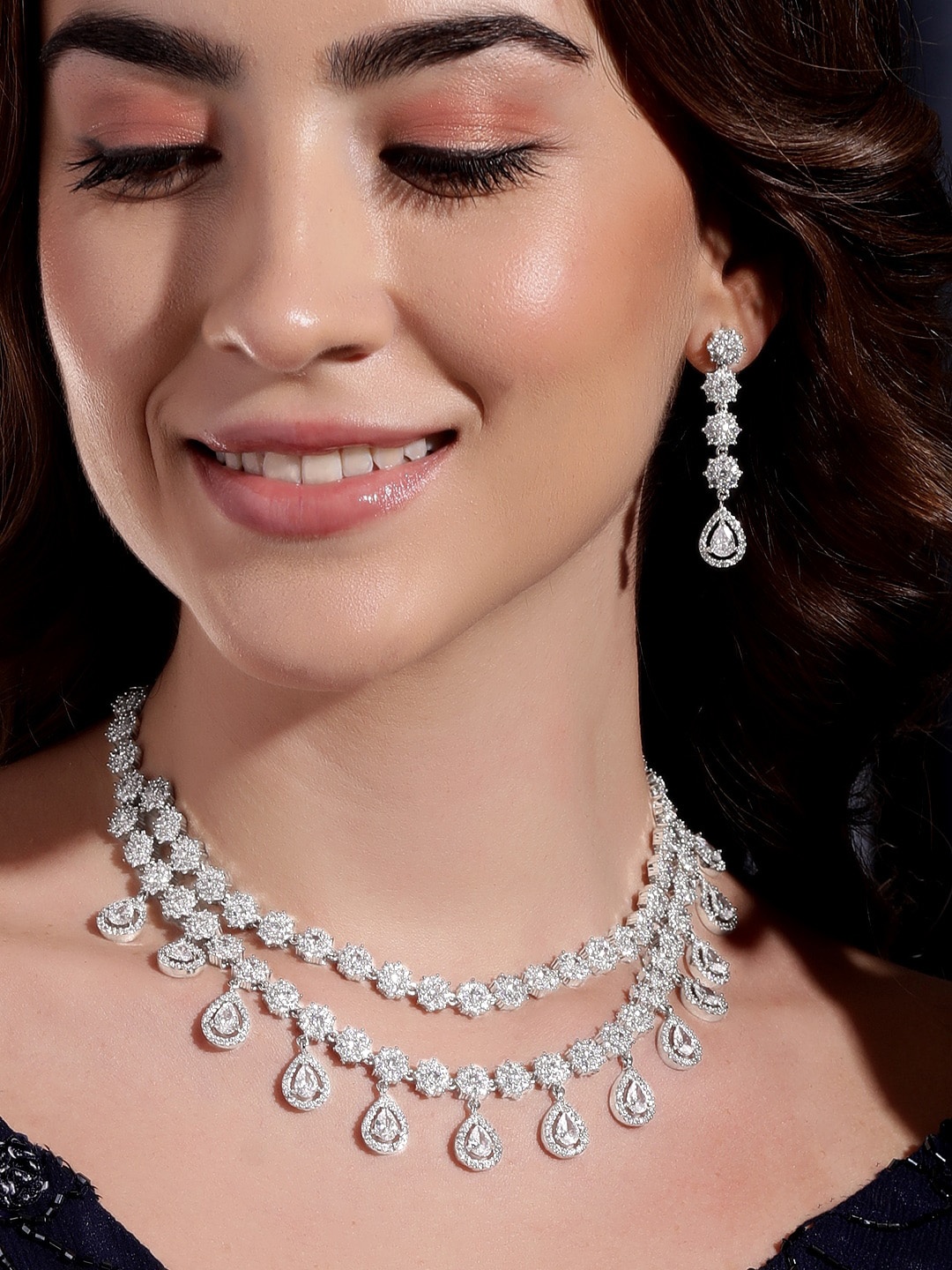 

Rubans Rhodium-Plated CZ-Studded Necklace & Earrings, Silver