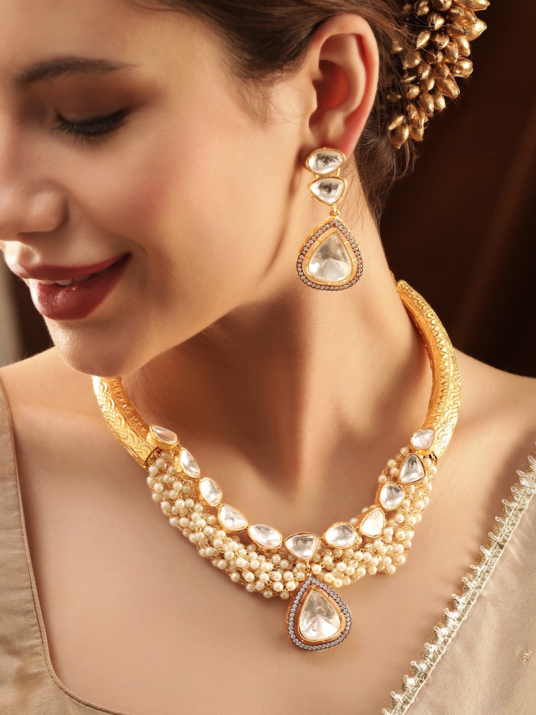 

Rubans Gold-Plated Kundan Studded Beaded Necklace & Earrings