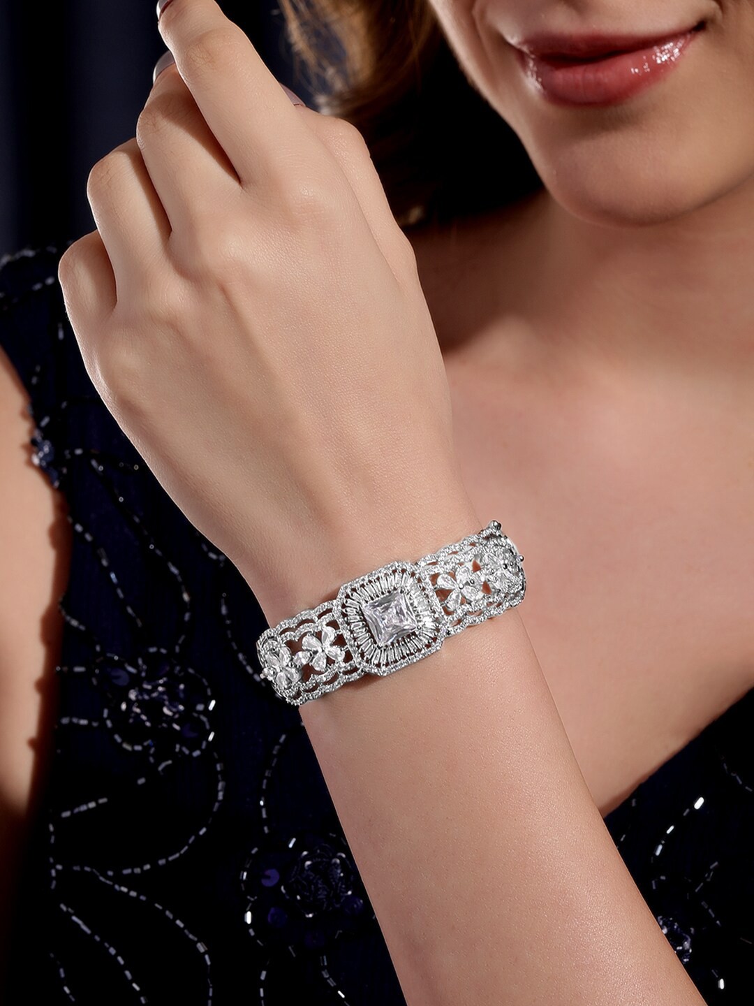 

Rubans Rhodium Plated AAA Cubic Zirconia Studded luxurious Statement Bangle Style Bracelet, Silver