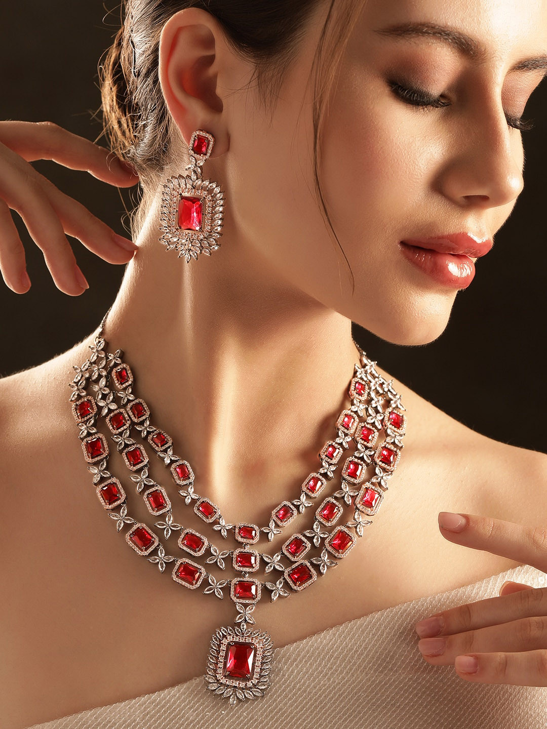 

Rubans Rhodium-Plated Crystal-Studded Necklace & Earrings, Silver