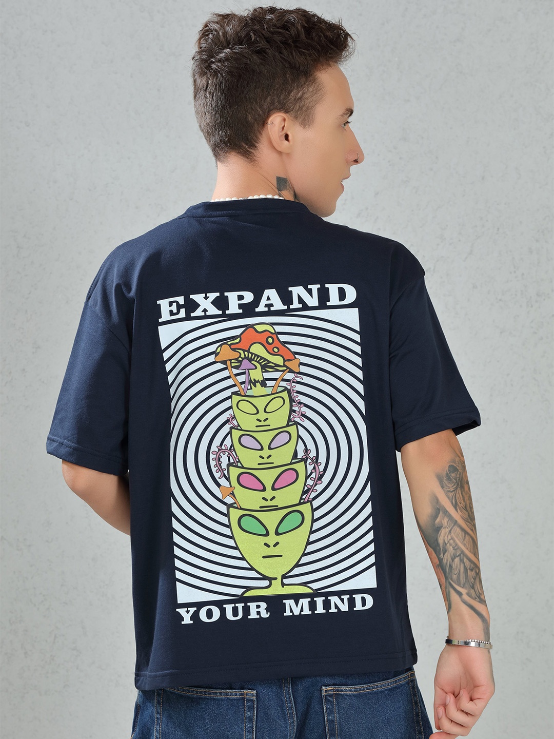 

DIMEH Geometric Printed Round Neck Short Sleeves Cotton Oversized T-shirt, Navy blue