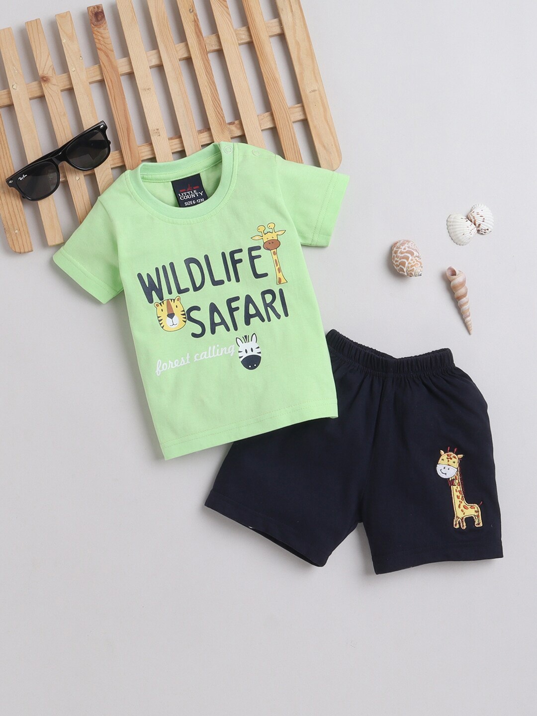 

Little County Infants Boys Printed Pure Cotton T-shirt with Shorts, Green
