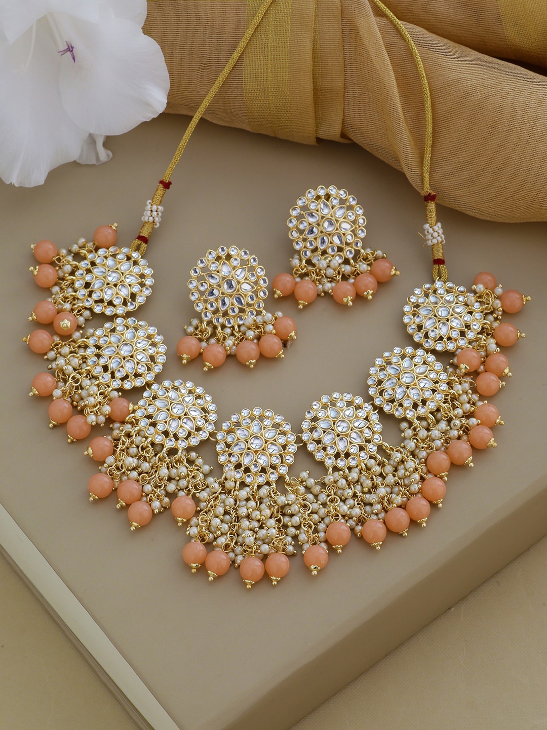 

Shoshaa Gold-Plated Kundan-Studded Beaded Necklace & Earrings