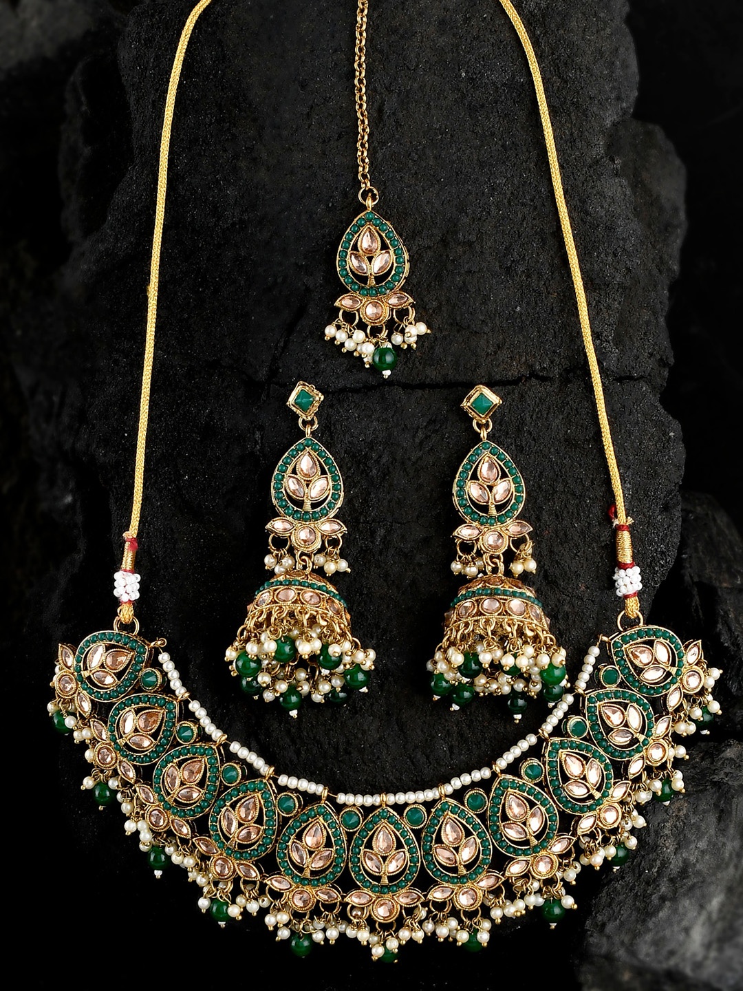 

Shoshaa Gold-Plated Stone-Studded Beaded Necklace & Earrings