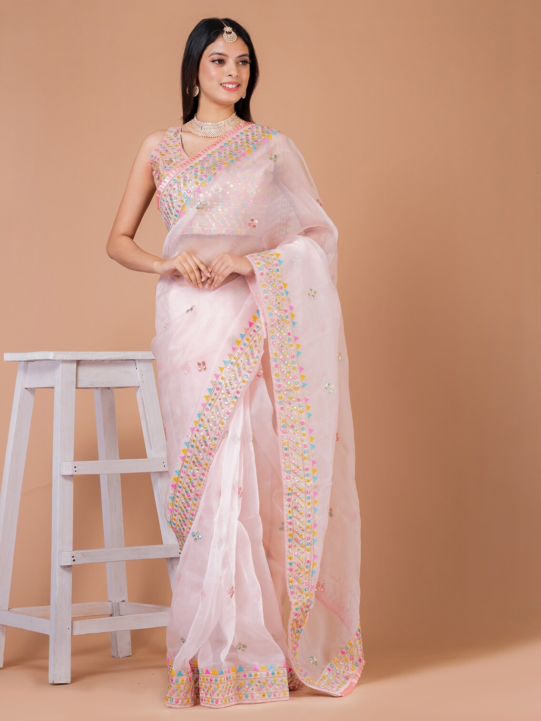 

Angroop Embellished Mirror Work Organza Saree, Pink