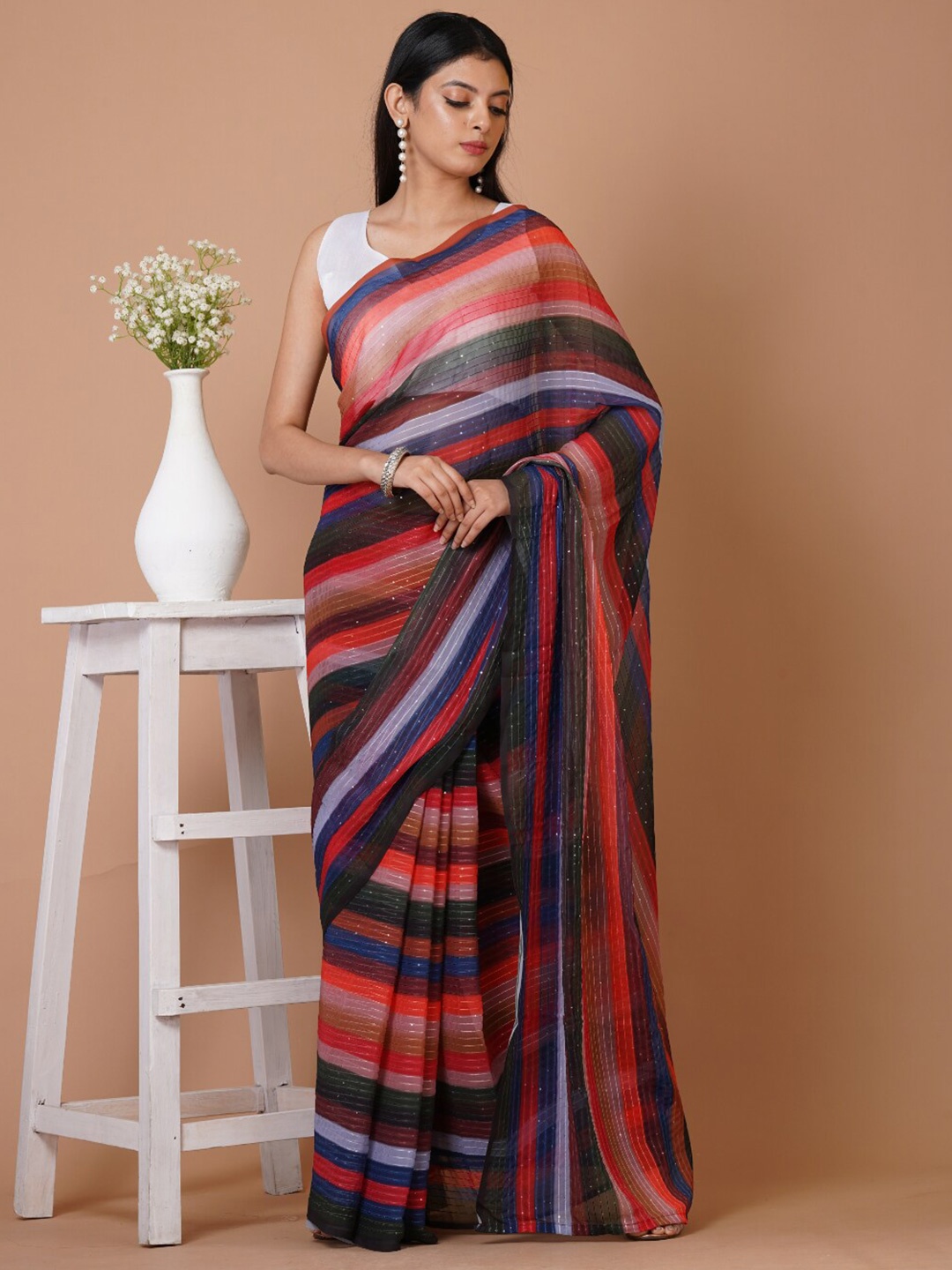 

Angroop Striped Sequinned Saree, Red